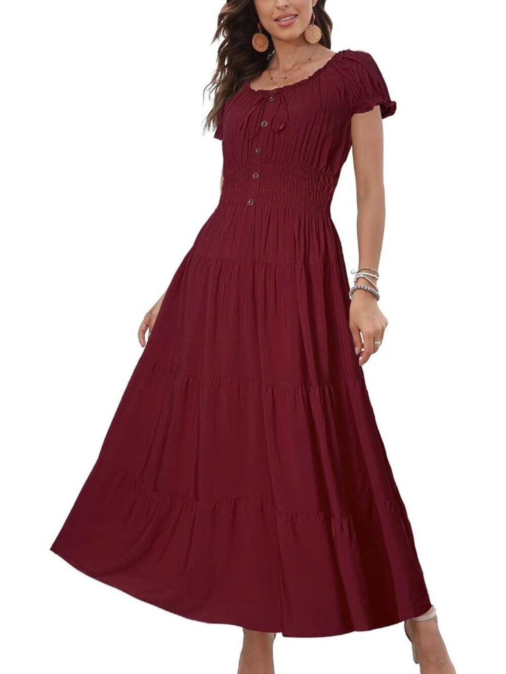Women's Burgundy Solid Boho Smocked Tiered Short Sleeves Summer Maxi Dress